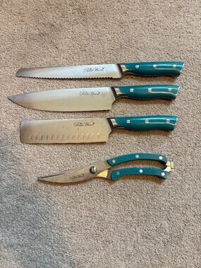 The Pioneer Woman Knife Set of 4 Chef, Nakiri, Bread, Shears Turquoise Handles